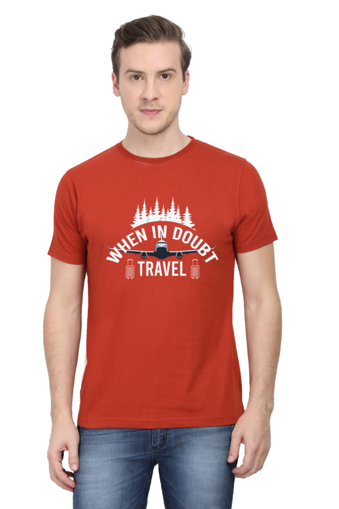 Red Travel in Doubt Round Neck Tshirt